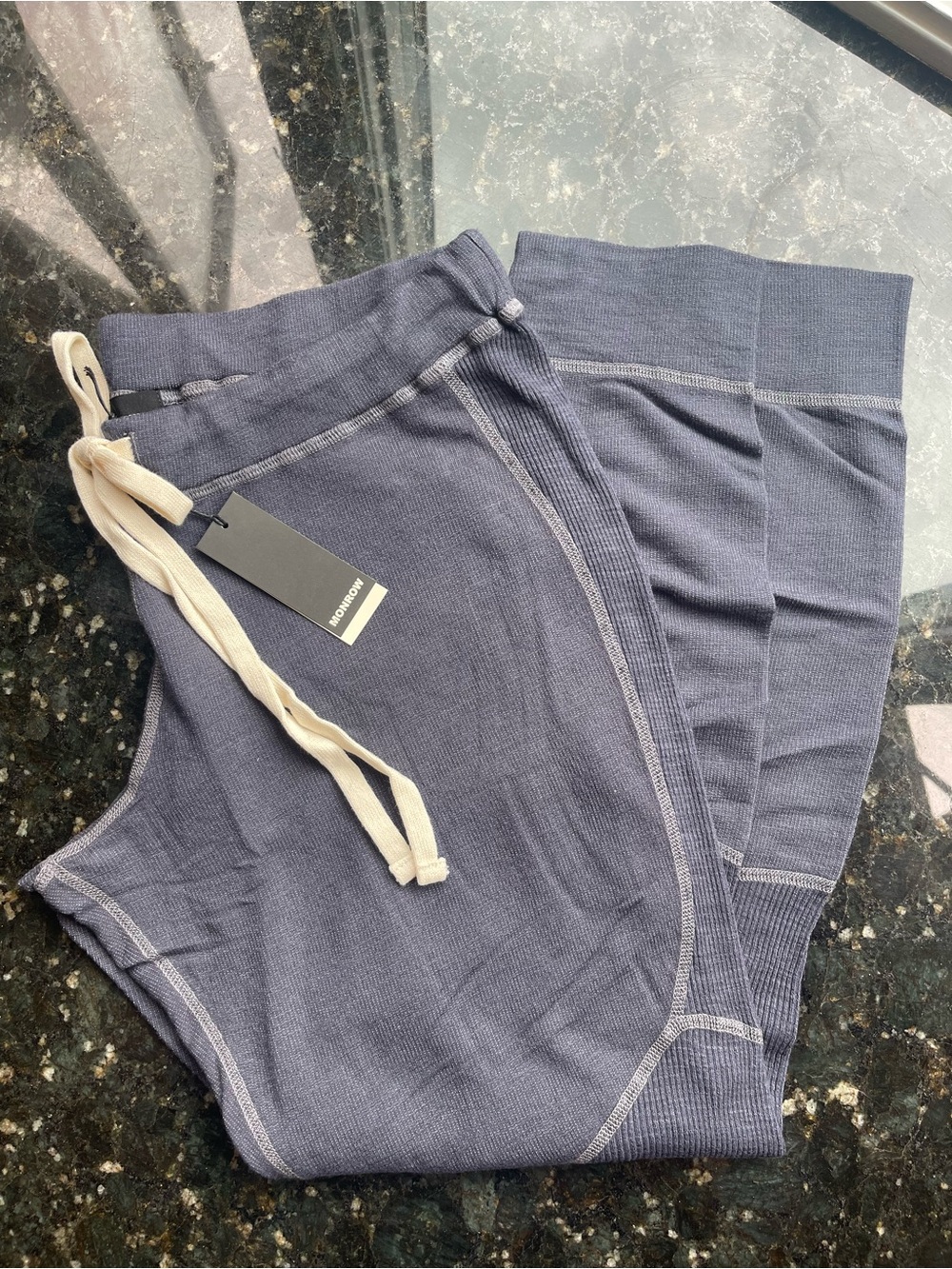 Monrow Navy Knit Drawstring Athletic Pants  with Cream Tie